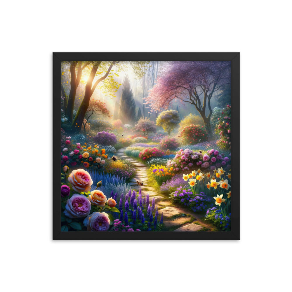 Foto einer Gartenszene im Frühling mit Weg durch blühende Rosen und Veilchen - Premium Poster mit Rahmen camping xxx yyy zzz 40.6 x 40.6 cm