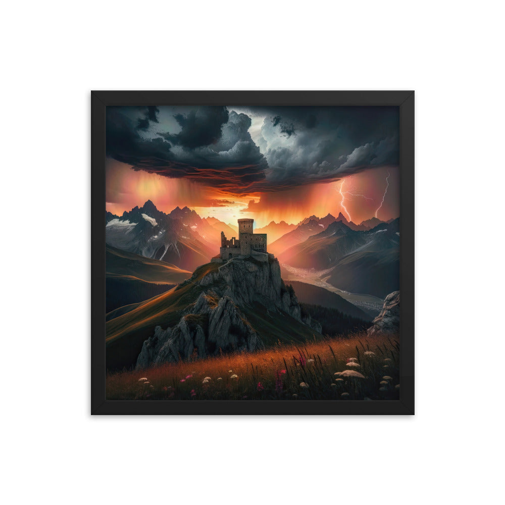 Foto einer Alpenburg bei stürmischem Sonnenuntergang, dramatische Wolken und Sonnenstrahlen - Premium Poster mit Rahmen berge xxx yyy zzz 40.6 x 40.6 cm