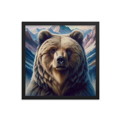 Foto eines Bären vor abstrakt gemalten Alpenbergen, Oberkörper im Fokus - Premium Poster mit Rahmen camping xxx yyy zzz 40.6 x 40.6 cm