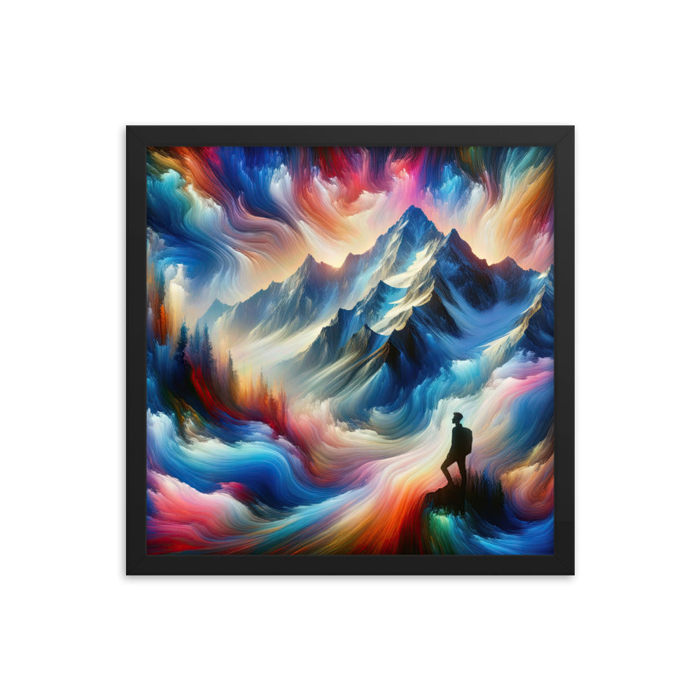 Foto eines abstrakt-expressionistischen Alpengemäldes mit Wanderersilhouette - Premium Poster mit Rahmen wandern xxx yyy zzz 40.6 x 40.6 cm
