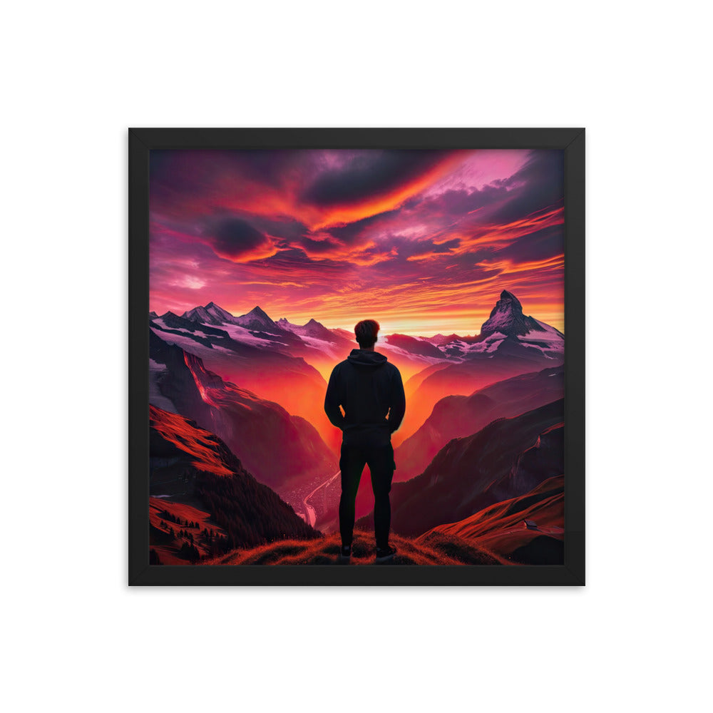 Foto der Schweizer Alpen im Sonnenuntergang, Himmel in surreal glänzenden Farbtönen - Premium Poster mit Rahmen wandern xxx yyy zzz 40.6 x 40.6 cm