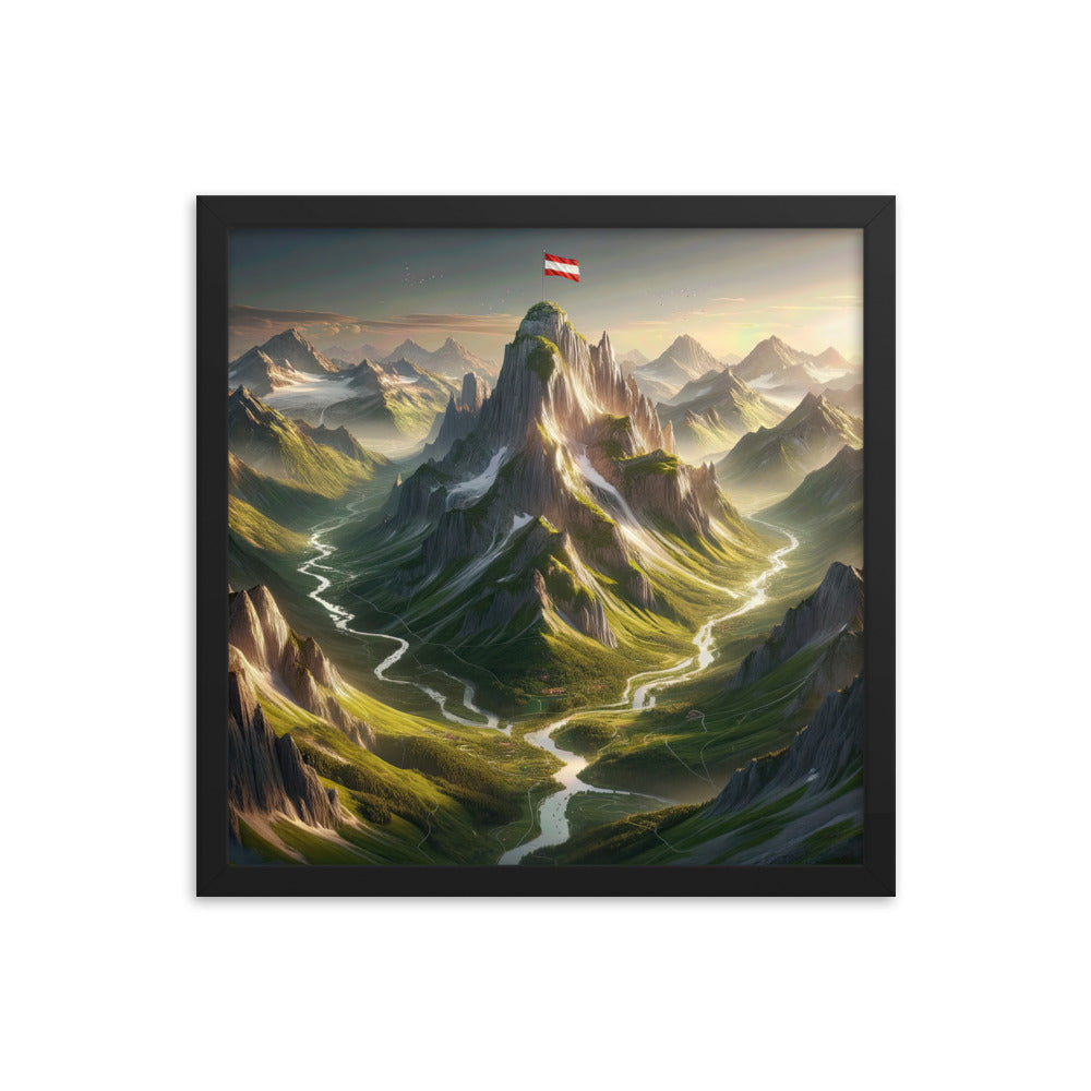 Fotorealistisches Bild der Alpen mit österreichischer Flagge, scharfen Gipfeln und grünen Tälern - Enhanced Matte Paper Framed Poster berge xxx yyy zzz 40.6 x 40.6 cm