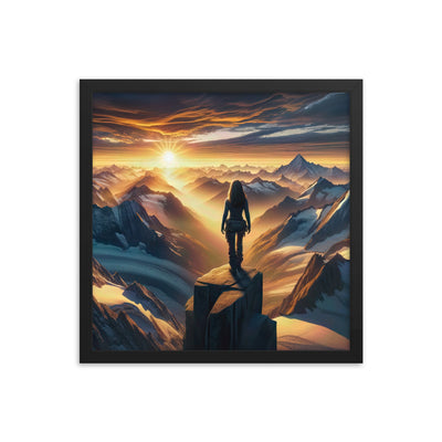 Fotorealistische Darstellung der Alpen bei Sonnenaufgang, Wanderin unter einem gold-purpurnen Himmel - Enhanced Matte Paper Framed wandern xxx yyy zzz 40.6 x 40.6 cm