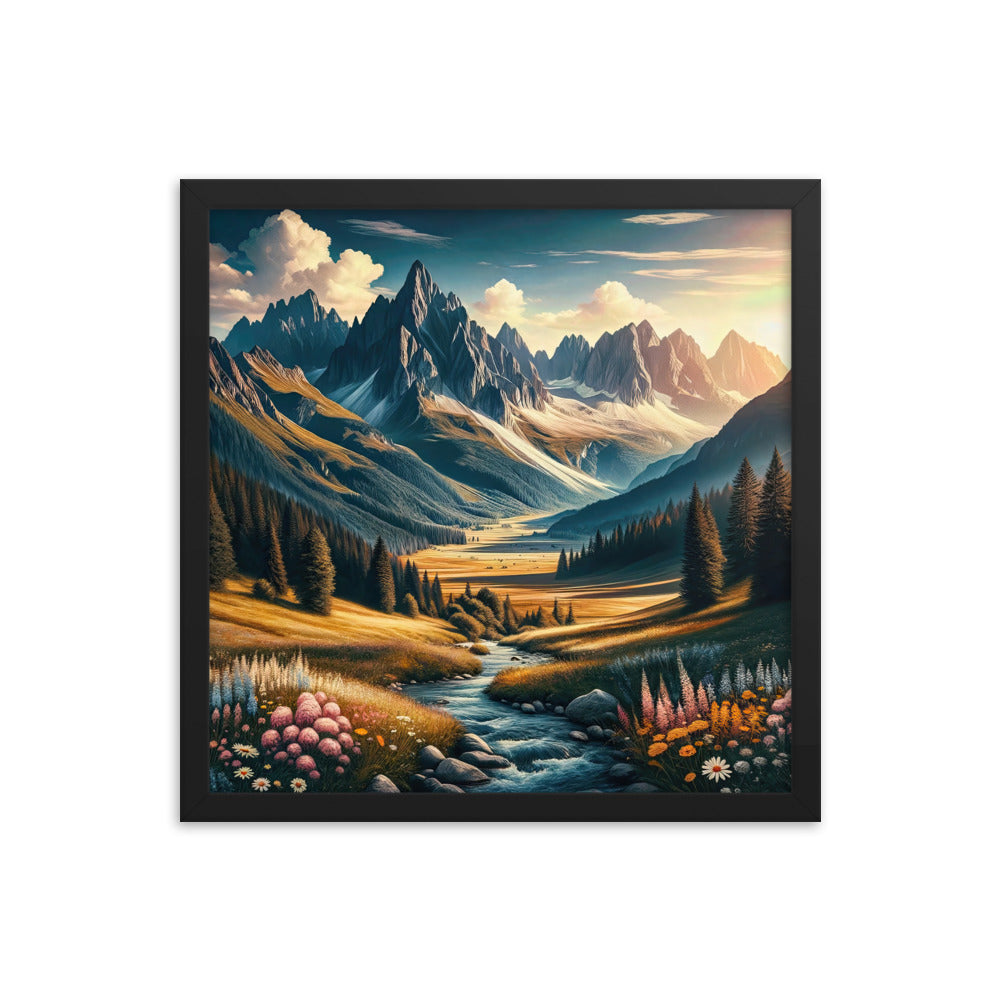 Quadratisches Kunstwerk der Alpen, majestätische Berge unter goldener Sonne - Premium Poster mit Rahmen berge xxx yyy zzz 40.6 x 40.6 cm
