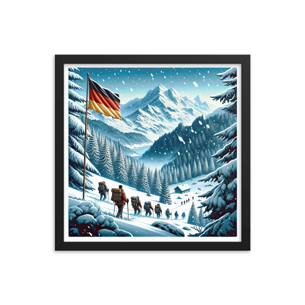 Quadratische Winterillustration der Alpen mit deutscher Flagge und Wanderteam - Premium Poster mit Rahmen wandern xxx yyy zzz 40.6 x 40.6 cm