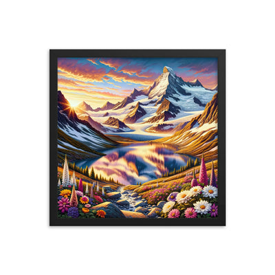 Quadratische Illustration der Alpen mit schneebedeckten Gipfeln und Wildblumen - Premium Poster mit Rahmen berge xxx yyy zzz 40.6 x 40.6 cm