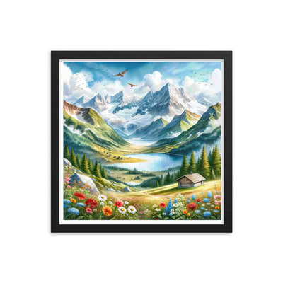 Quadratisches Aquarell der Alpen, Berge mit schneebedeckten Spitzen - Premium Poster mit Rahmen berge xxx yyy zzz 40.6 x 40.6 cm