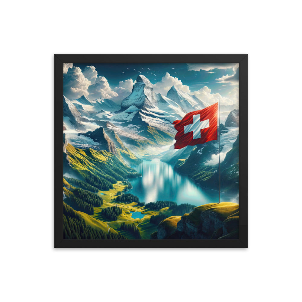 Ultraepische, fotorealistische Darstellung der Schweizer Alpenlandschaft mit Schweizer Flagge - Premium Poster mit Rahmen berge xxx yyy zzz 40.6 x 40.6 cm