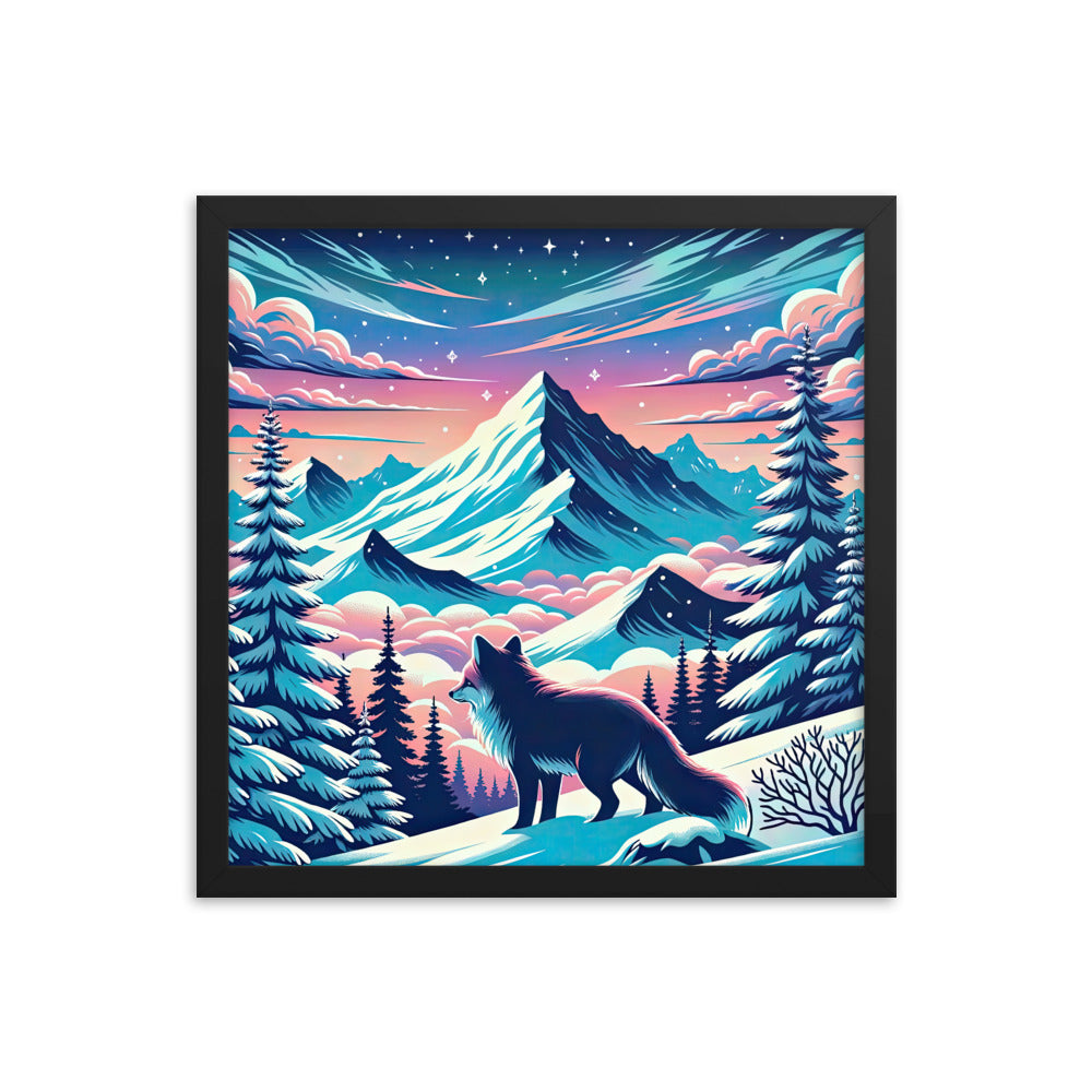 Vektorgrafik eines alpinen Winterwunderlandes mit schneebedeckten Kiefern und einem Fuchs - Premium Poster mit Rahmen camping xxx yyy zzz 40.6 x 40.6 cm