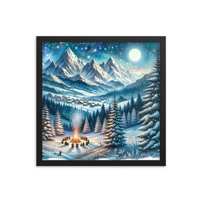 Aquarell eines Winterabends in den Alpen mit Lagerfeuer und Wanderern, glitzernder Neuschnee - Premium Poster mit Rahmen camping xxx yyy zzz 40.6 x 40.6 cm