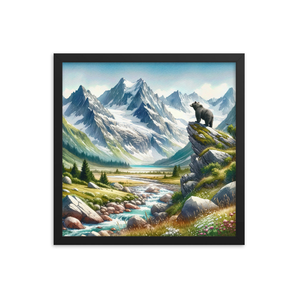 Aquarellmalerei eines Bären und der sommerlichen Alpenschönheit mit schneebedeckten Ketten - Premium Poster mit Rahmen camping xxx yyy zzz 40.6 x 40.6 cm