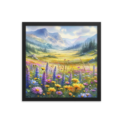 Aquarell einer Almwiese in Ruhe, Wildblumenteppich in Gelb, Lila, Rosa - Premium Poster mit Rahmen berge xxx yyy zzz 40.6 x 40.6 cm