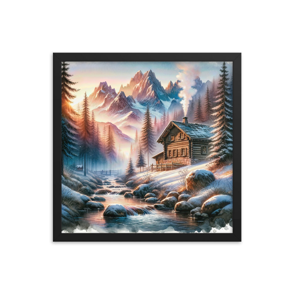 Aquarell einer Alpenszene im Morgengrauen, Haus in den Bergen - Premium Poster mit Rahmen berge xxx yyy zzz 40.6 x 40.6 cm