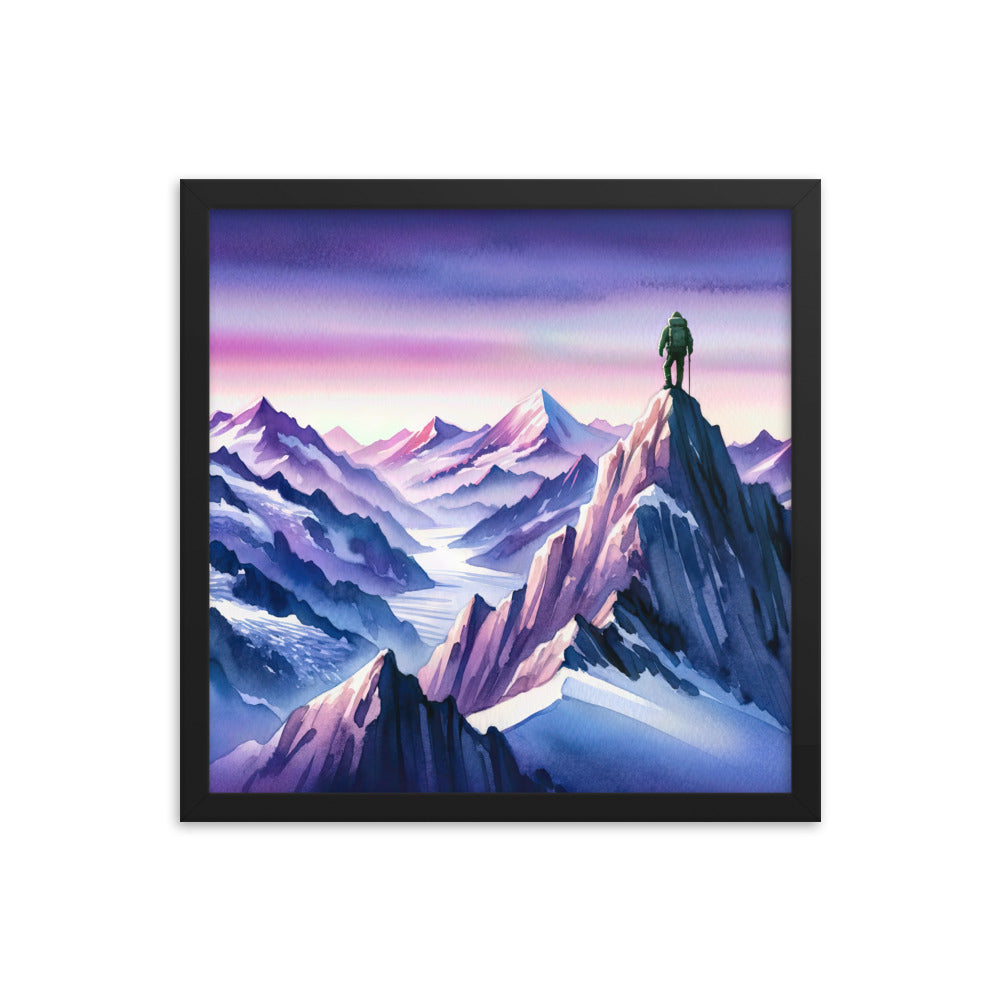 Aquarell eines Bergsteigers auf einem Alpengipfel in der Abenddämmerung - Premium Poster mit Rahmen wandern xxx yyy zzz 40.6 x 40.6 cm