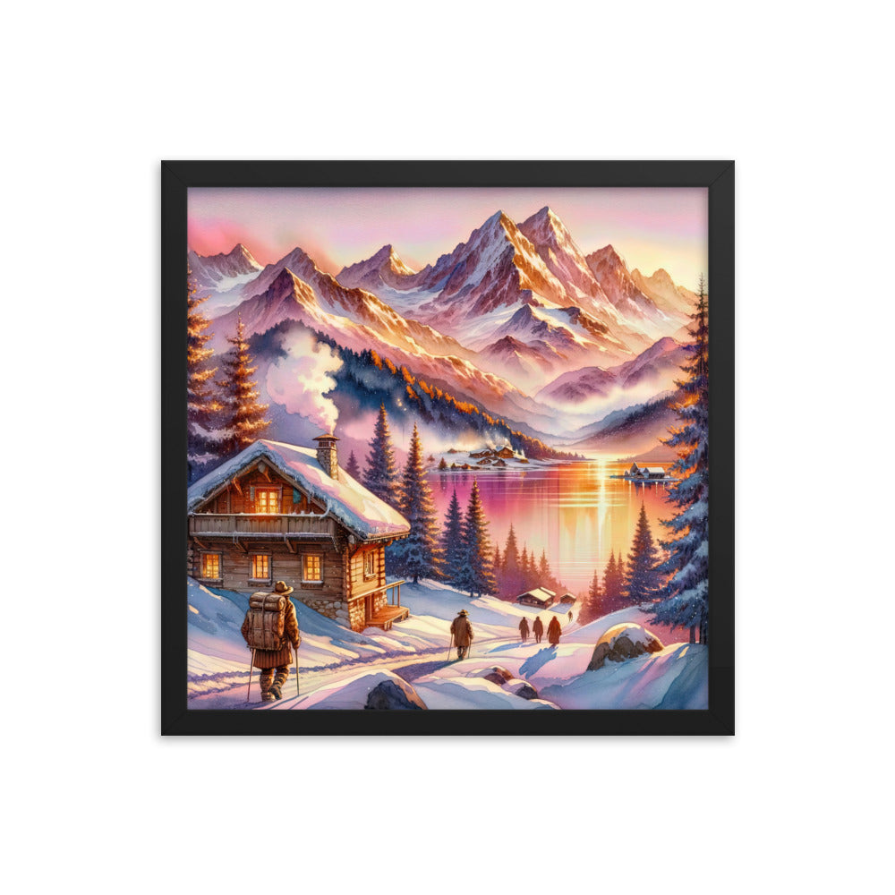Aquarell eines Alpenpanoramas mit Wanderern bei Sonnenuntergang in Rosa und Gold - Premium Poster mit Rahmen wandern xxx yyy zzz 40.6 x 40.6 cm