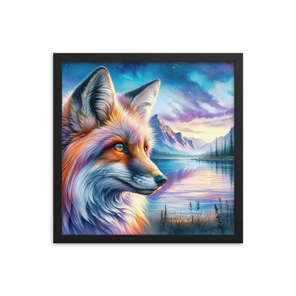 Aquarellporträt eines Fuchses im Dämmerlicht am Bergsee - Premium Poster mit Rahmen camping xxx yyy zzz 40.6 x 40.6 cm