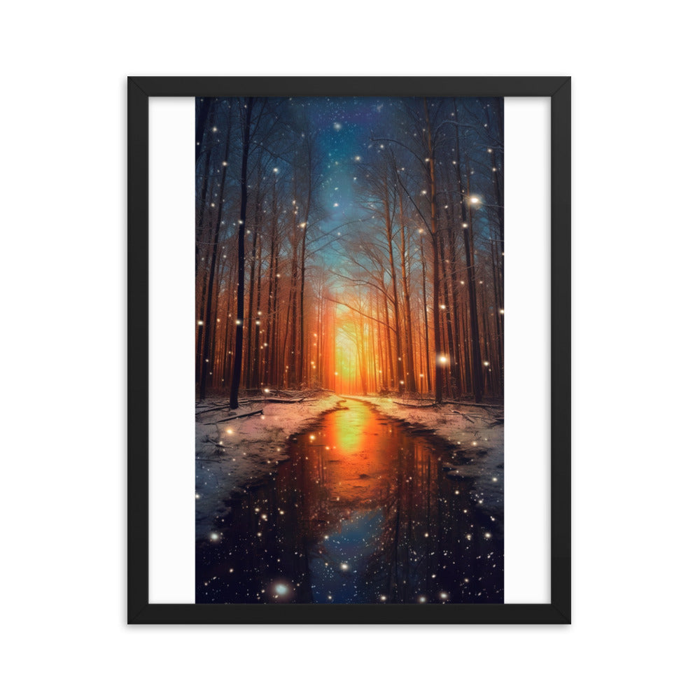 Bäume im Winter, Schnee, Sonnenaufgang und Fluss - Premium Poster mit Rahmen camping xxx Black 40.6 x 50.8 cm