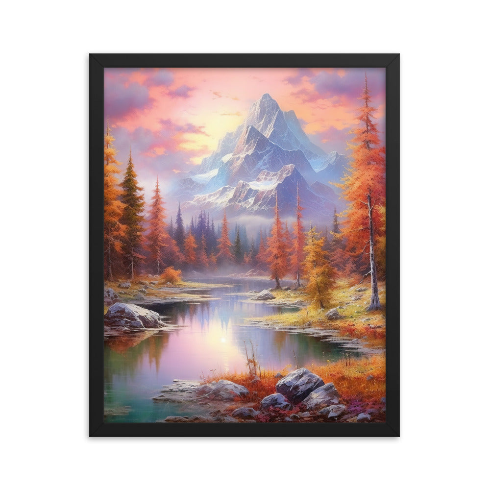 Landschaftsmalerei - Berge, Bäume, Bergsee und Herbstfarben - Premium Poster mit Rahmen berge xxx 40.6 x 50.8 cm