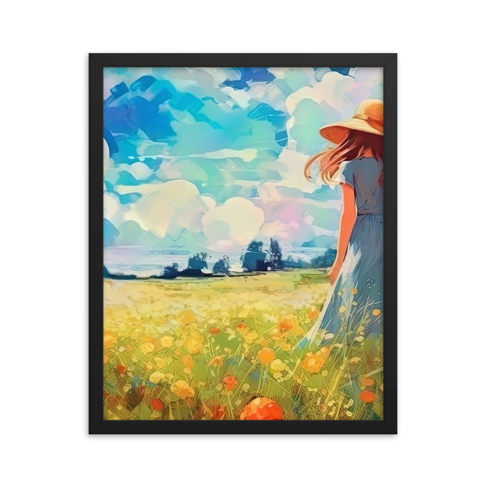 Dame mit Hut im Feld mit Blumen - Landschaftsmalerei - Premium Poster mit Rahmen camping xxx Black 40.6 x 50.8 cm