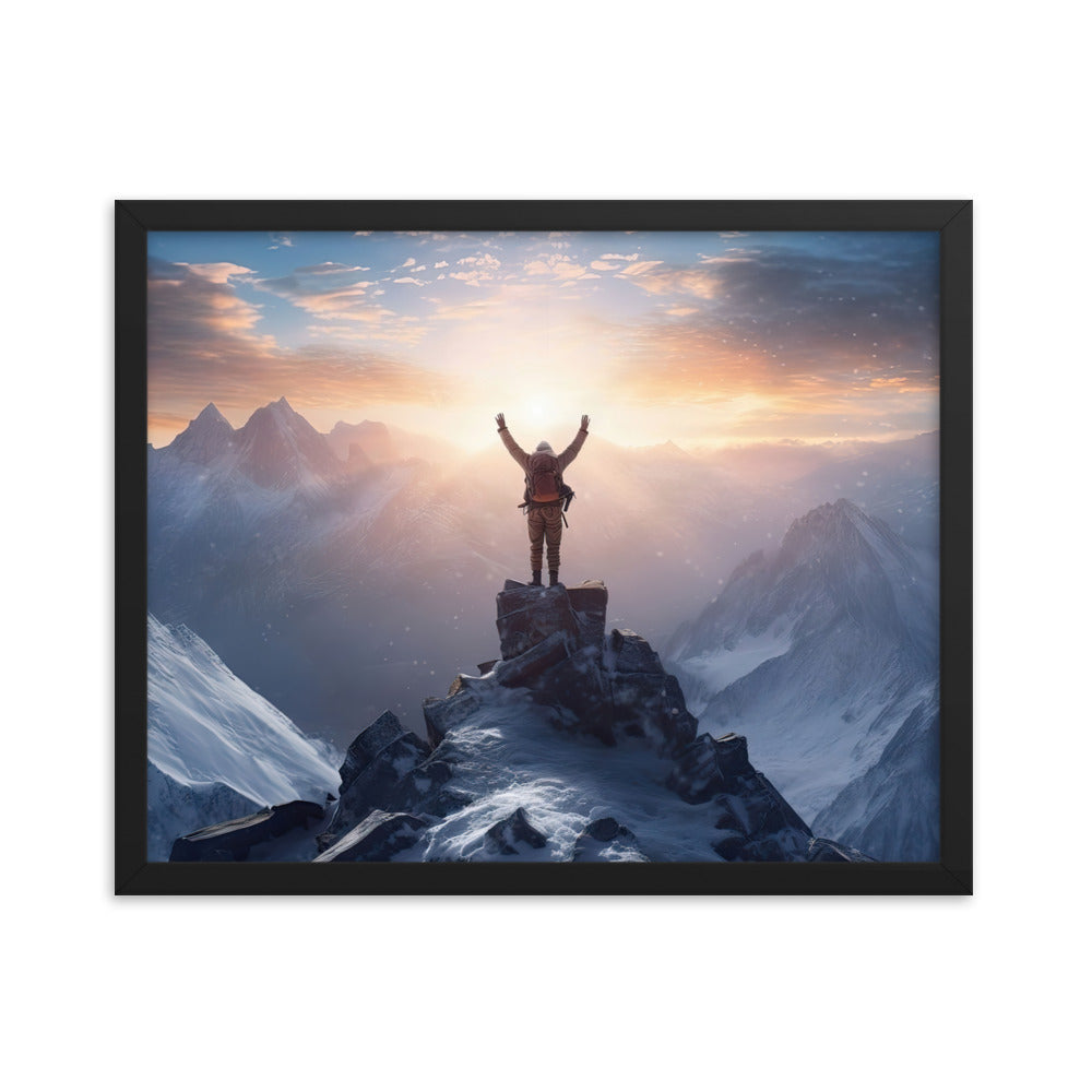Mann auf der Spitze eines Berges - Landschaftsmalerei - Premium Poster mit Rahmen berge xxx Black 40.6 x 50.8 cm