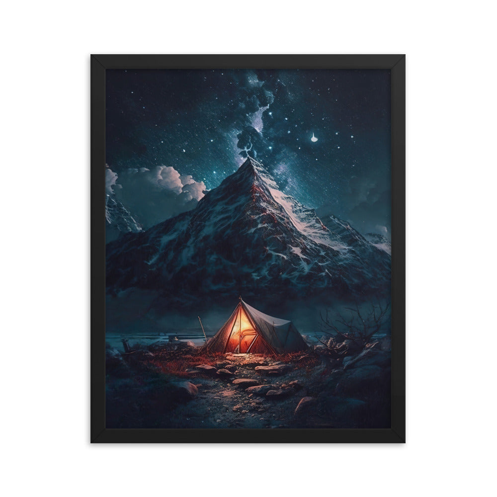 Zelt und Berg in der Nacht - Sterne am Himmel - Landschaftsmalerei - Premium Poster mit Rahmen camping xxx 40.6 x 50.8 cm