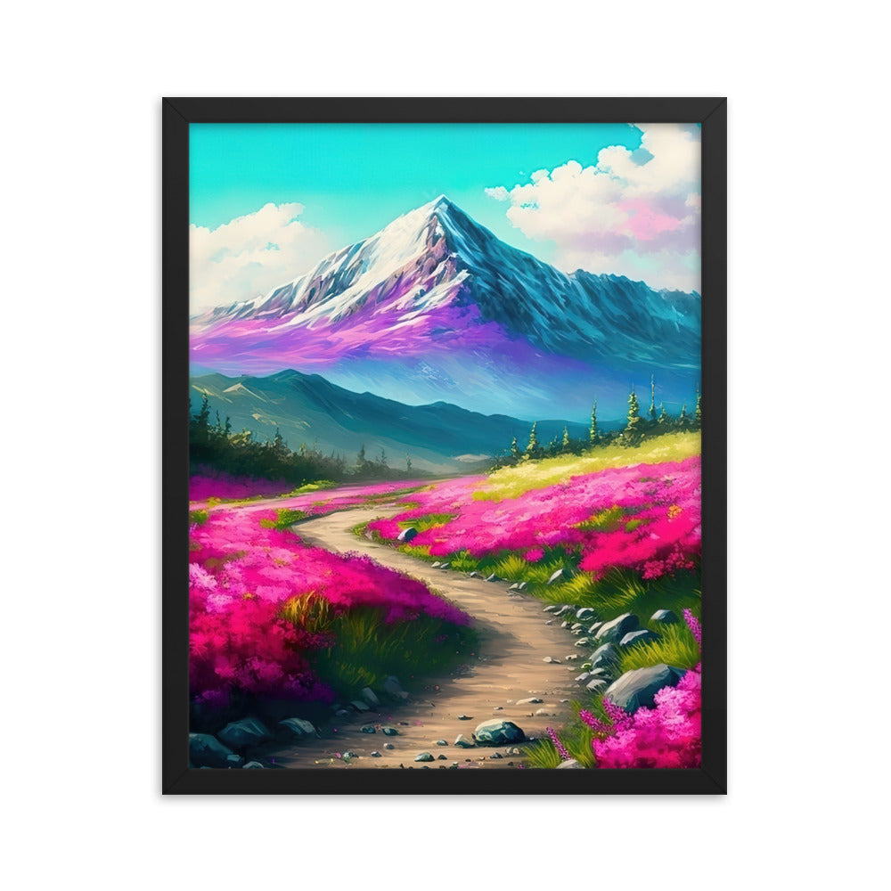 Berg, pinke Blumen und Wanderweg - Landschaftsmalerei - Premium Poster mit Rahmen berge xxx Black 40.6 x 50.8 cm