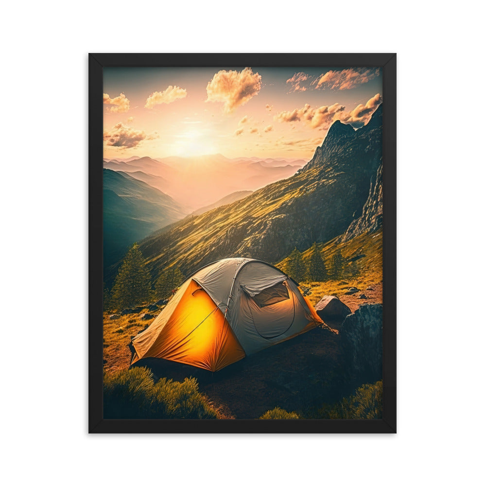 Zelt auf Berg im Sonnenaufgang - Landschafts - Premium Poster mit Rahmen camping xxx 40.6 x 50.8 cm
