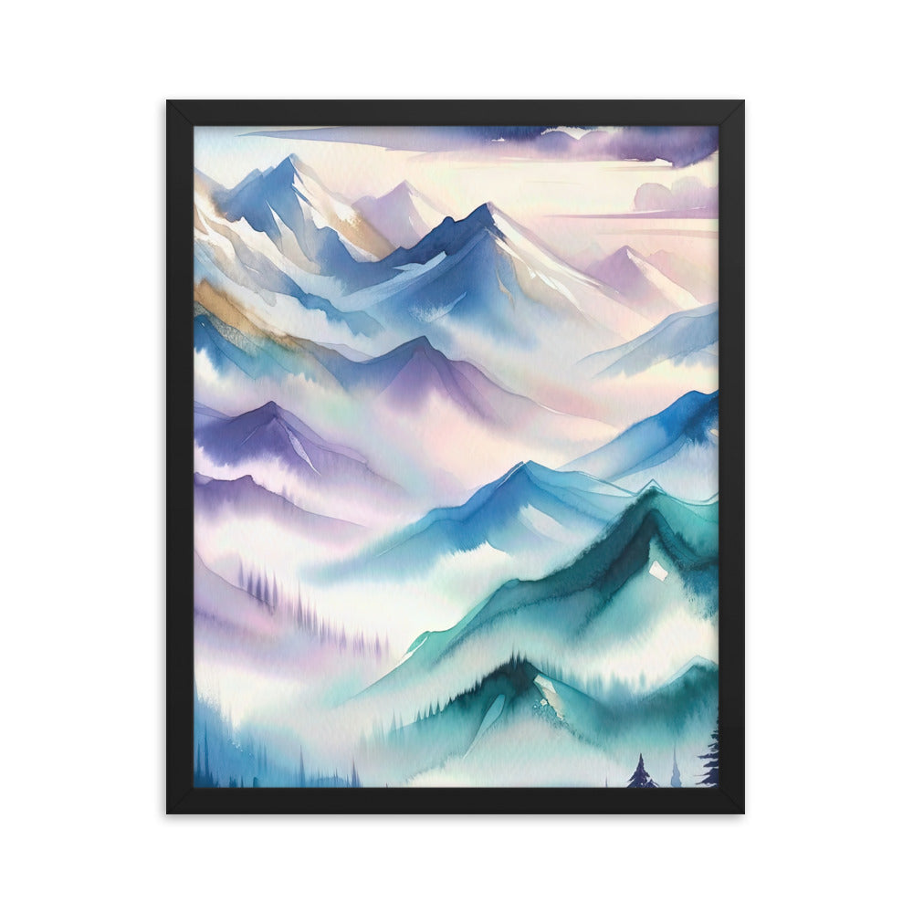 Ein Aquarellgemälde der Alpen in einem sanften, traumhaften Stil. Die Berge werden in Strichen mit Gold wiedergegeben - Enhanced Matte berge xxx yyy zzz 40.6 x 50.8 cm