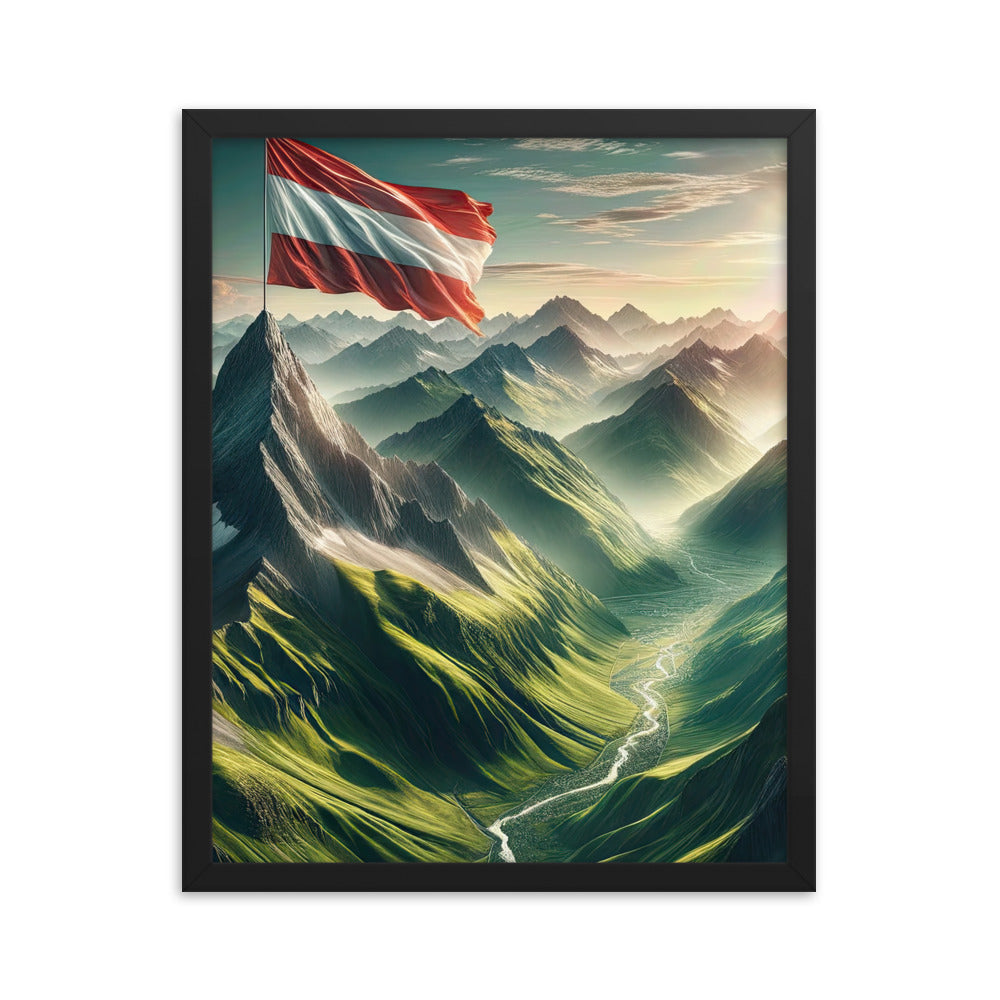 Alpen Gebirge: Fotorealistische Bergfläche mit Österreichischer Flagge - Premium Poster mit Rahmen berge xxx yyy zzz 40.6 x 50.8 cm