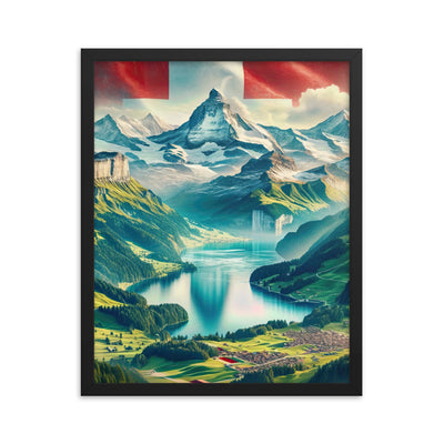 Berg Panorama: Schneeberge und Täler mit Schweizer Flagge - Premium Poster mit Rahmen berge xxx yyy zzz 40.6 x 50.8 cm