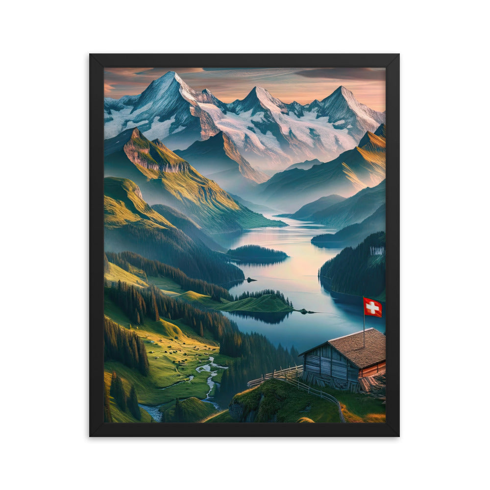Schweizer Flagge, Alpenidylle: Dämmerlicht, epische Berge und stille Gewässer - Premium Poster mit Rahmen berge xxx yyy zzz 40.6 x 50.8 cm