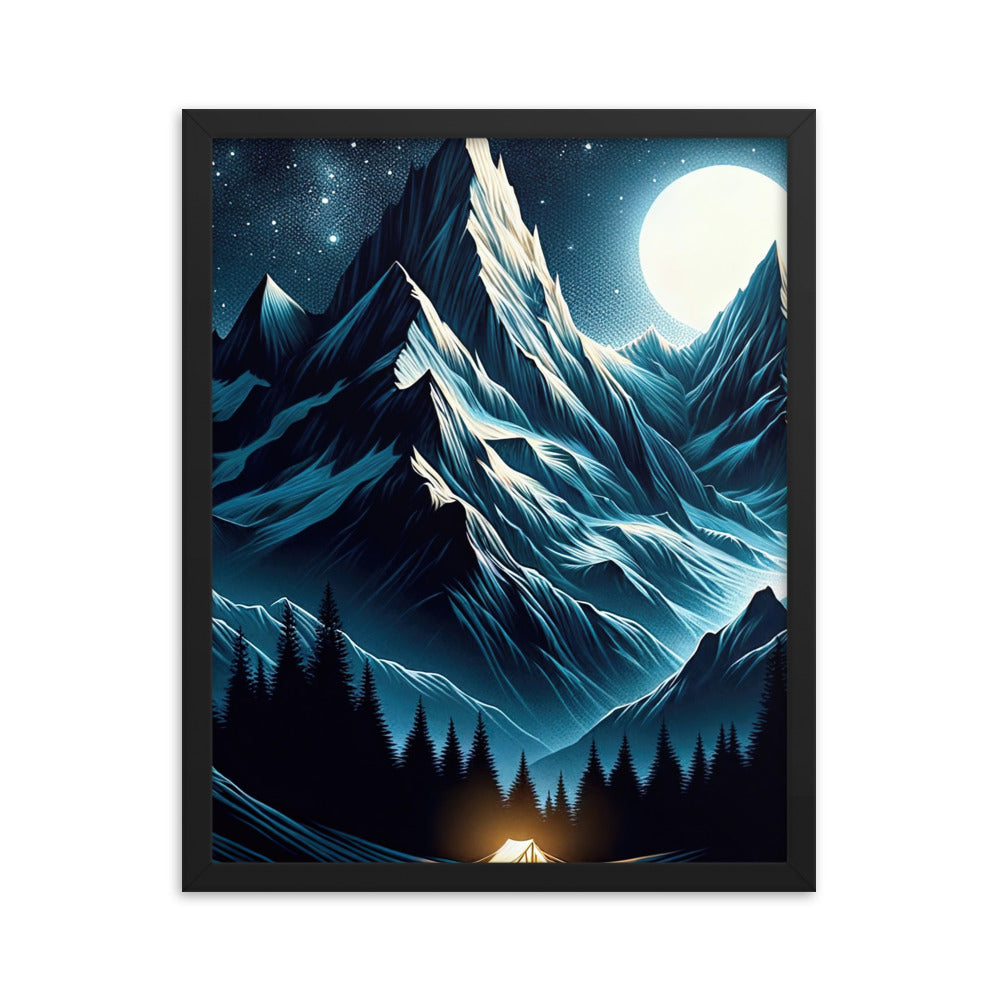 Alpennacht mit Zelt: Mondglanz auf Gipfeln und Tälern, sternenklarer Himmel - Premium Poster mit Rahmen berge xxx yyy zzz 40.6 x 50.8 cm