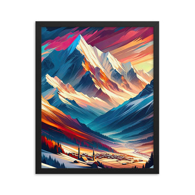 Moderne geometrische Alpen Kunst: Warmer Sonnenuntergangs Schein auf Schneegipfeln - Premium Poster mit Rahmen berge xxx yyy zzz 40.6 x 50.8 cm