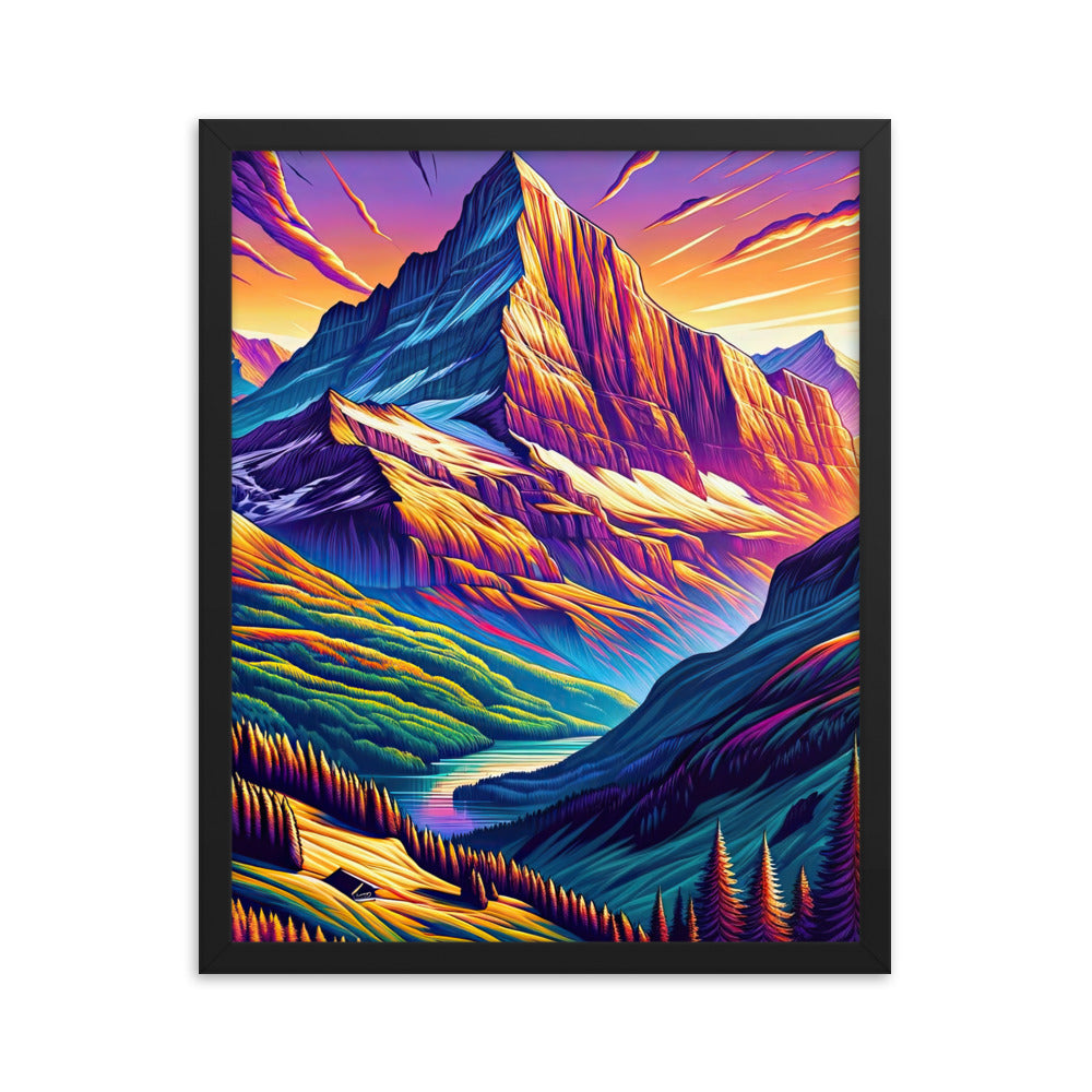 Bergpracht mit Schweizer Flagge: Farbenfrohe Illustration einer Berglandschaft - Premium Poster mit Rahmen berge xxx yyy zzz 40.6 x 50.8 cm