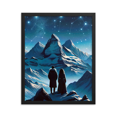 Alpenwinternacht: Digitale Kunst mit Wanderern in Bergen und Sternenhimmel - Premium Poster mit Rahmen wandern xxx yyy zzz 40.6 x 50.8 cm