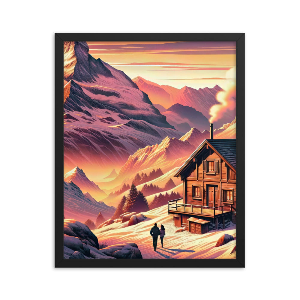 Berghütte im goldenen Sonnenuntergang: Digitale Alpenillustration - Premium Poster mit Rahmen berge xxx yyy zzz 40.6 x 50.8 cm