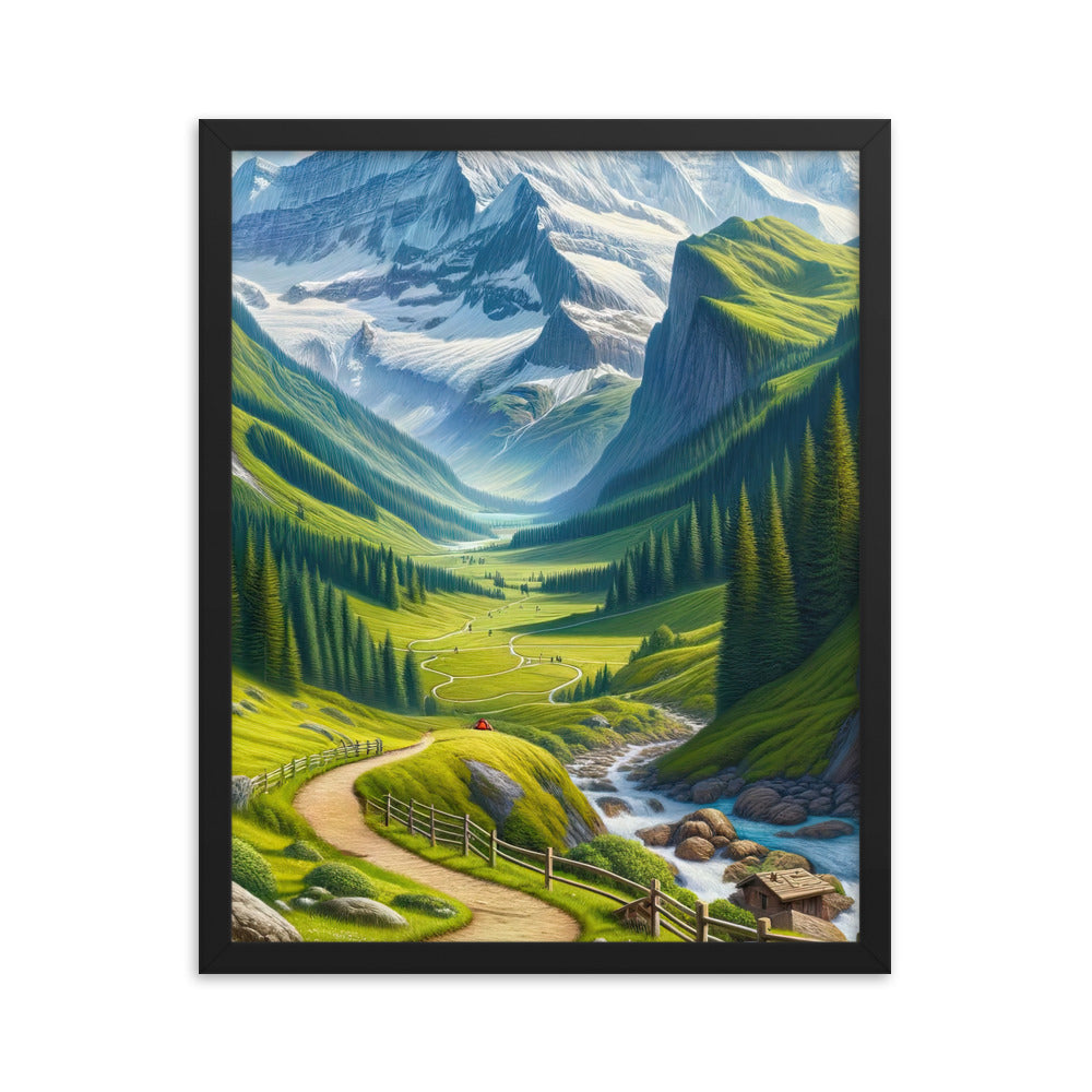 Wanderer in den Bergen und Wald: Digitale Malerei mit grünen kurvenreichen Pfaden - Premium Poster mit Rahmen wandern xxx yyy zzz 40.6 x 50.8 cm