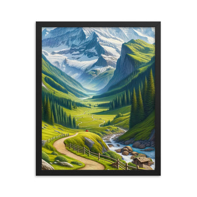 Wanderer in den Bergen und Wald: Digitale Malerei mit grünen kurvenreichen Pfaden - Premium Poster mit Rahmen wandern xxx yyy zzz 40.6 x 50.8 cm