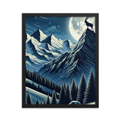 Steinbock in Alpennacht, silberne Berge und Sternenhimmel - Premium Poster mit Rahmen berge xxx yyy zzz 40.6 x 50.8 cm
