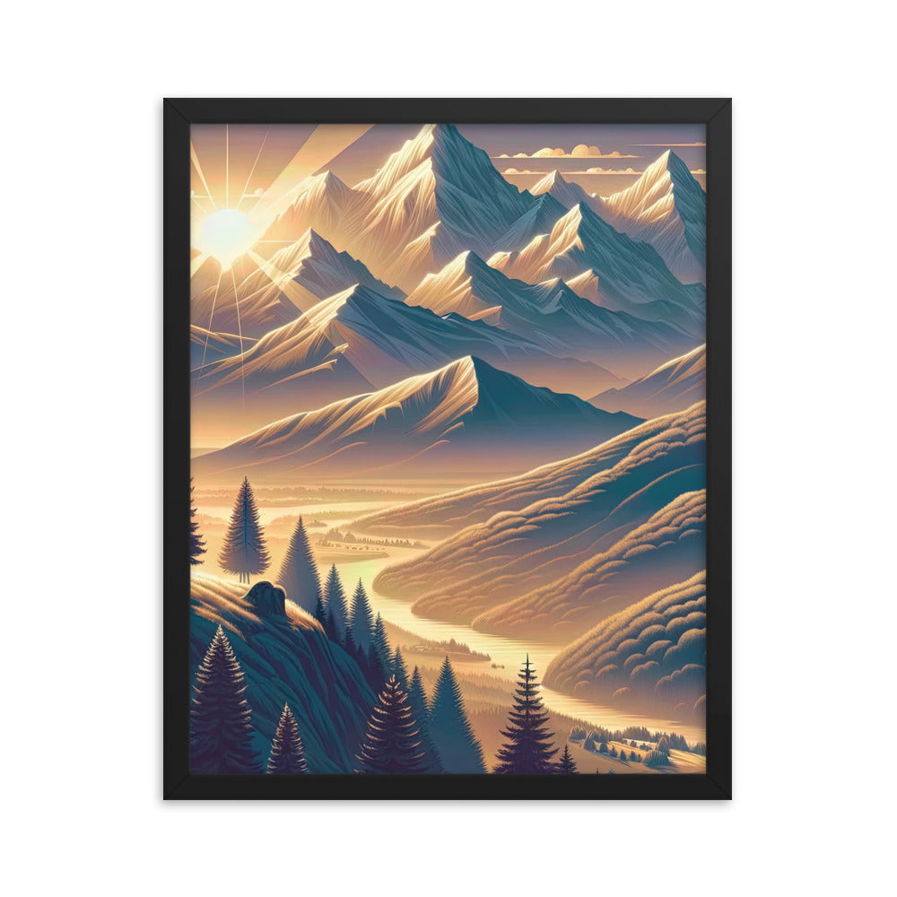 Alpen-Morgendämmerung, erste Sonnenstrahlen auf Schneegipfeln - Premium Poster mit Rahmen berge xxx yyy zzz 40.6 x 50.8 cm