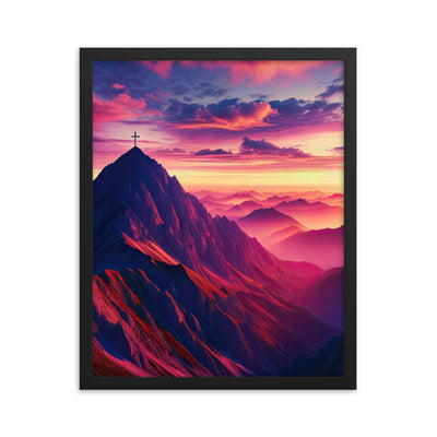 Dramatischer Alpen-Sonnenaufgang, Gipfelkreuz und warme Himmelsfarben - Premium Poster mit Rahmen berge xxx yyy zzz 40.6 x 50.8 cm