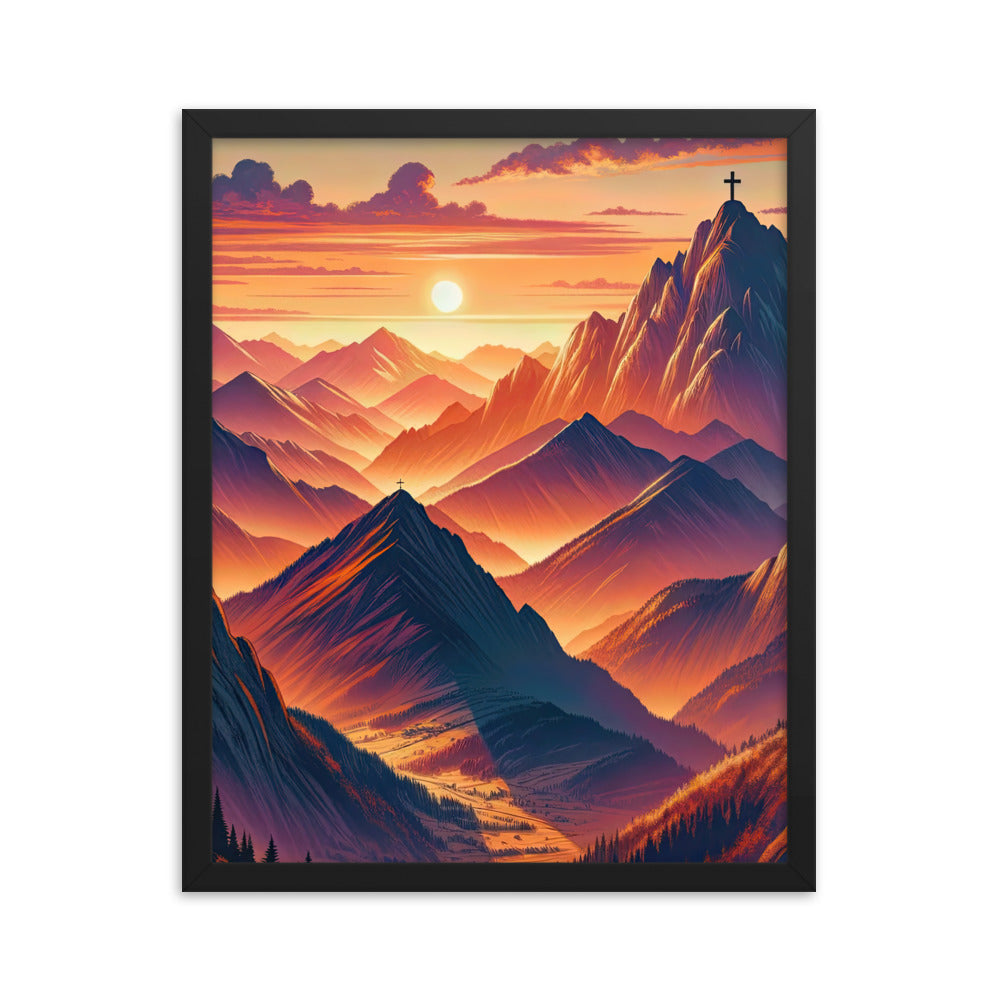 Dramatischer Alpen-Sonnenuntergang, Gipfelkreuz in Orange-Rosa - Premium Poster mit Rahmen berge xxx yyy zzz 40.6 x 50.8 cm
