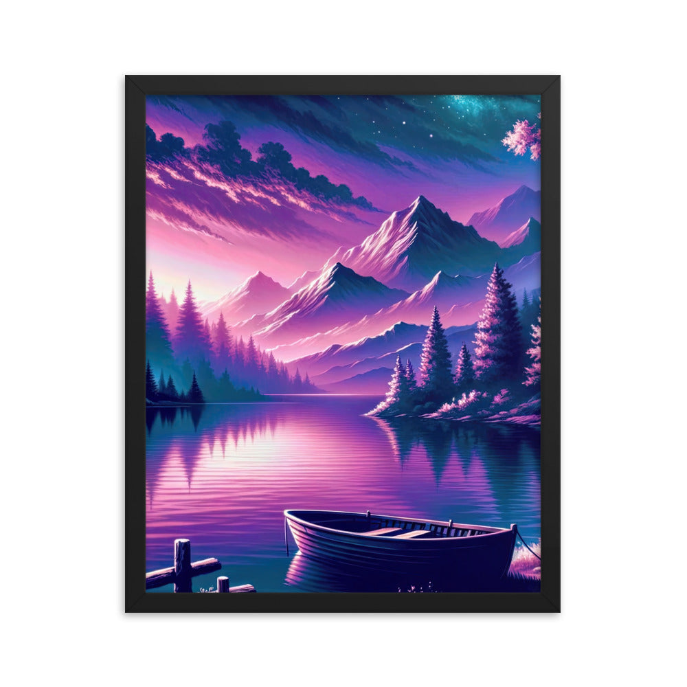 Magische Alpen-Dämmerung, rosa-lila Himmel und Bergsee mit Boot - Premium Poster mit Rahmen berge xxx yyy zzz 40.6 x 50.8 cm
