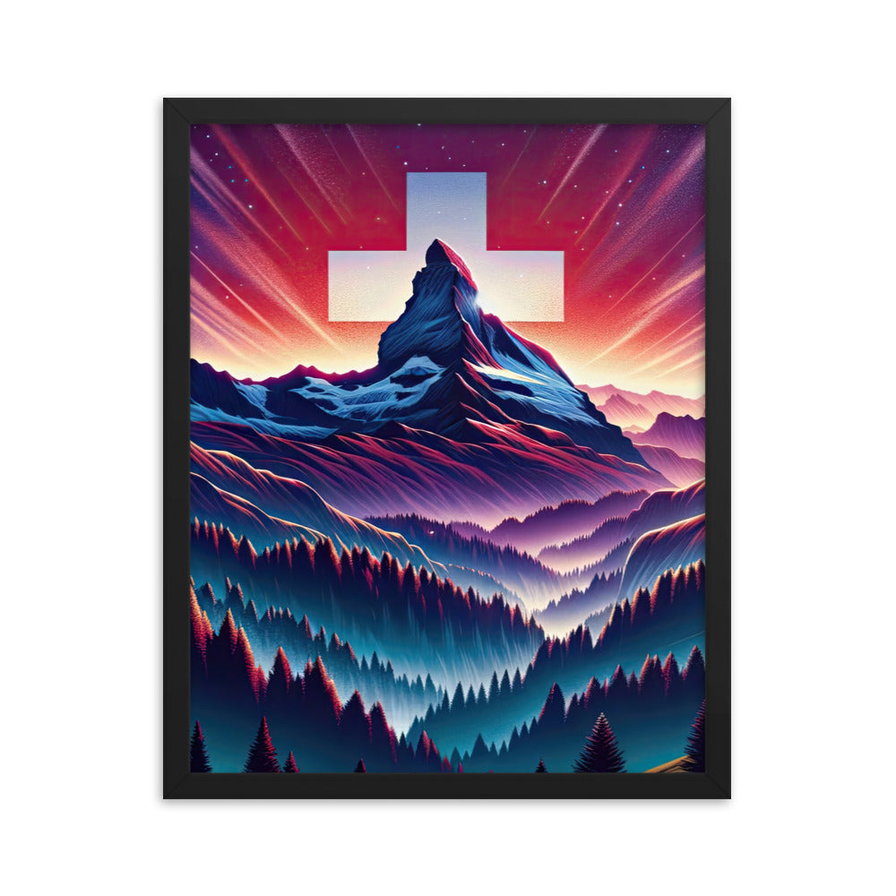 Alpenszene in Dämmerung mit Schweizer Flagge - Premium Poster mit Rahmen berge xxx yyy zzz 40.6 x 50.8 cm