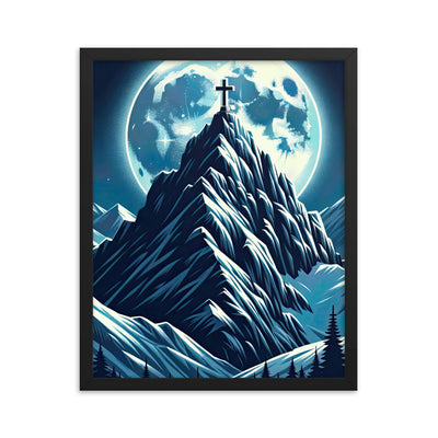 Mondnacht und Gipfelkreuz in den Alpen, glitzernde Schneegipfel - Premium Poster mit Rahmen berge xxx yyy zzz 40.6 x 50.8 cm