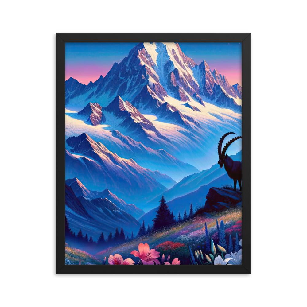 Steinbock bei Dämmerung in den Alpen, sonnengeküsste Schneegipfel - Premium Poster mit Rahmen berge xxx yyy zzz 40.6 x 50.8 cm