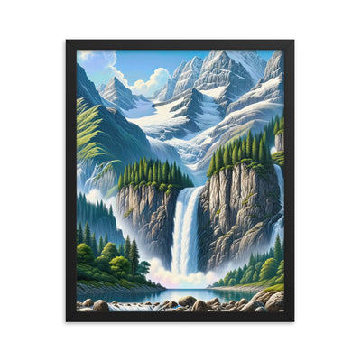 Illustration einer unberührten Alpenkulisse im Hochsommer. Wasserfall und See - Premium Poster mit Rahmen berge xxx yyy zzz 40.6 x 50.8 cm