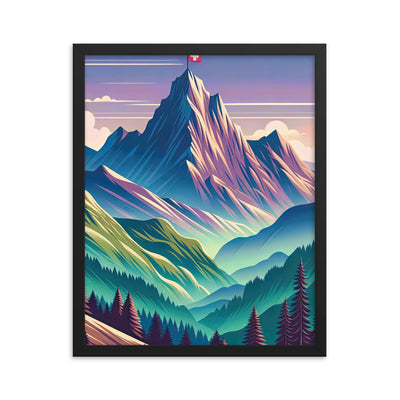 Harmonische Berglandschaft mit Schweizer Flagge auf Gipfel - Premium Poster mit Rahmen berge xxx yyy zzz 40.6 x 50.8 cm