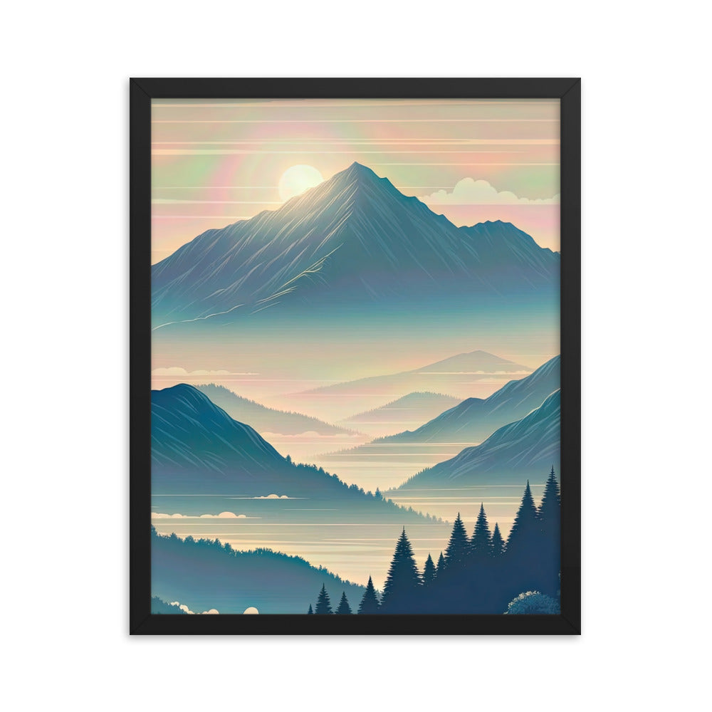 Bergszene bei Morgendämmerung, erste Sonnenstrahlen auf Bergrücken - Premium Poster mit Rahmen berge xxx yyy zzz 40.6 x 50.8 cm