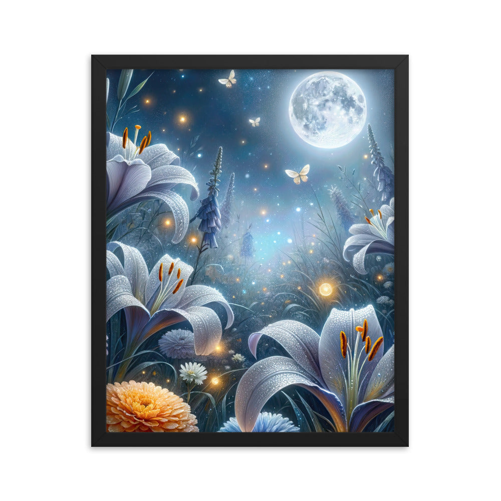 Ätherische Mondnacht auf blühender Wiese, silbriger Blumenglanz - Premium Poster mit Rahmen camping xxx yyy zzz 40.6 x 50.8 cm